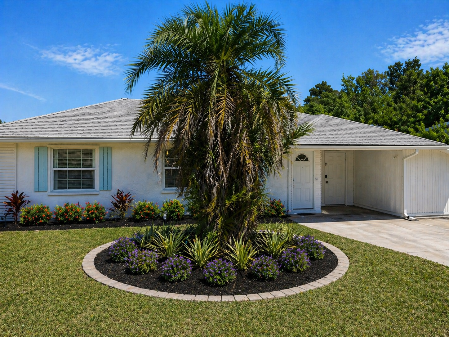 2901 Poplar after — paver-bordered focal bed and refreshed foundation planting